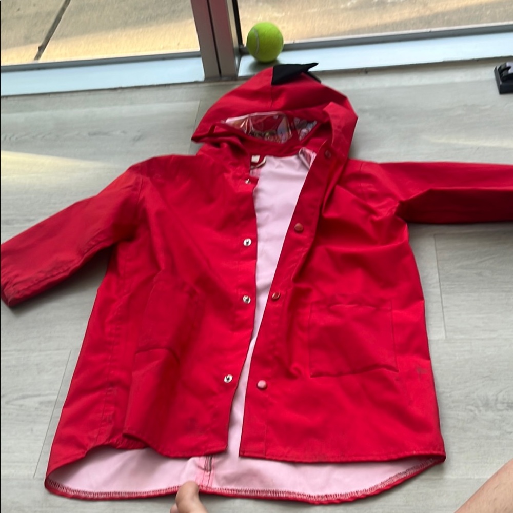 Red Hooded Raincoat with Water-Resistant Fabric